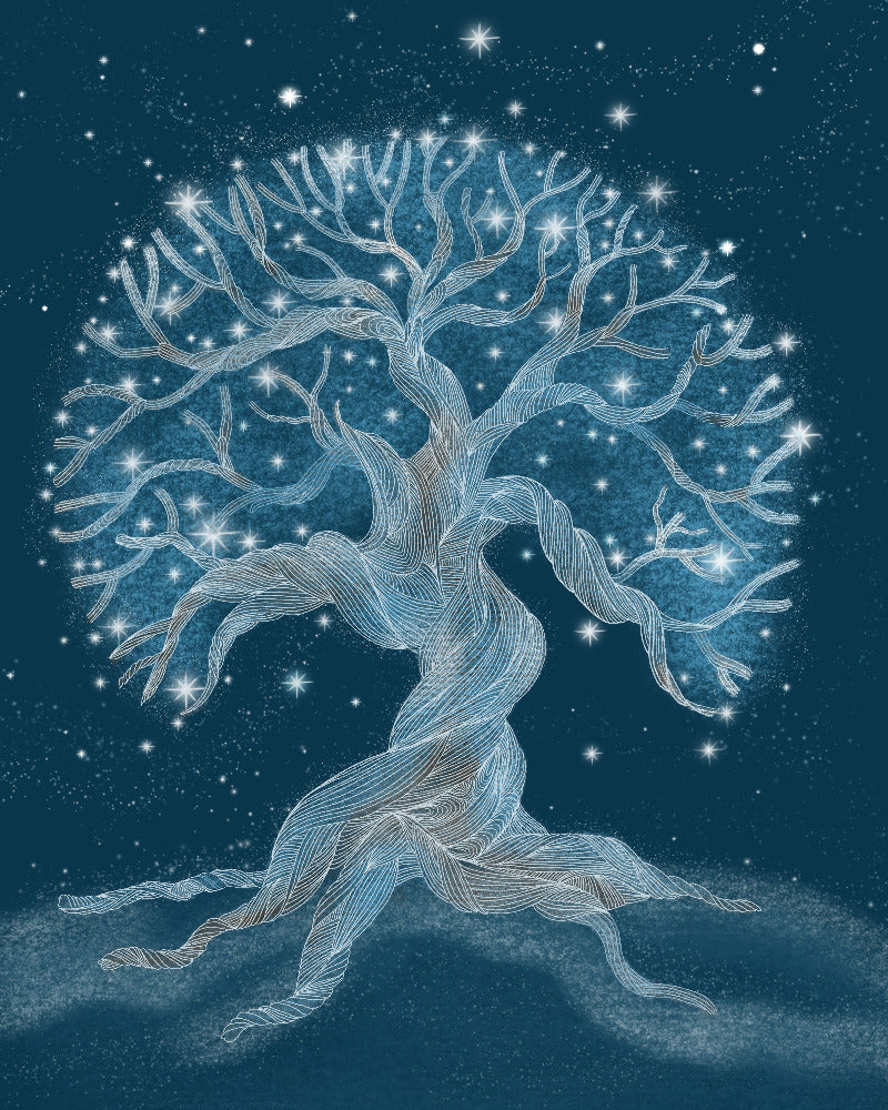Decorative tree design on a dark blue background with stars