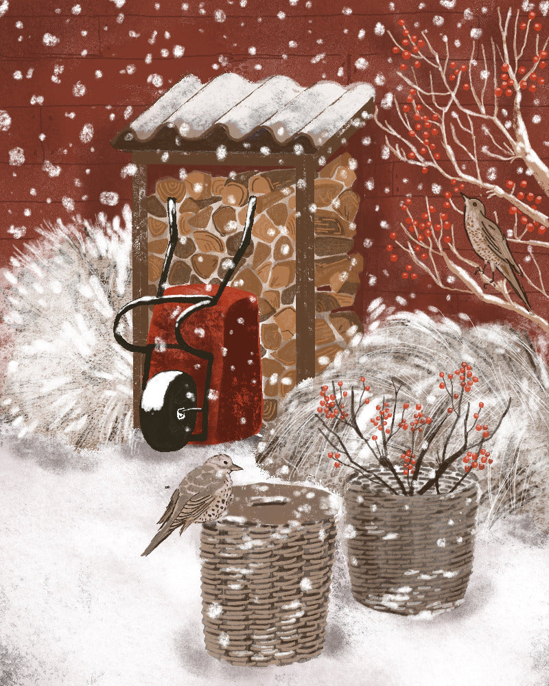 Winter scene with a red tractor, stone wall, and birds in a snowy landscape.