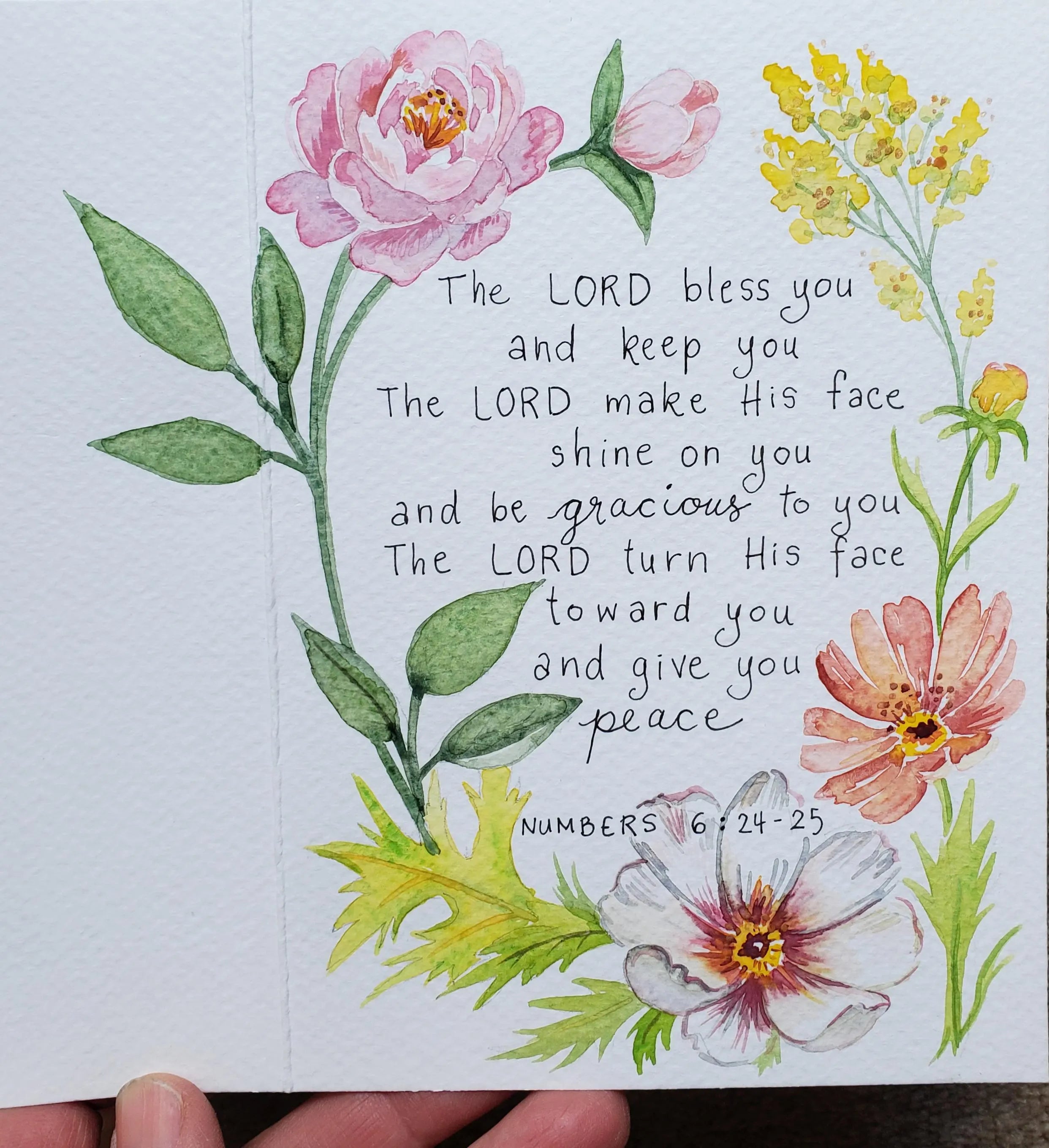 Numbers 6:24-25, Hand painted watercolor 5x7 inch card