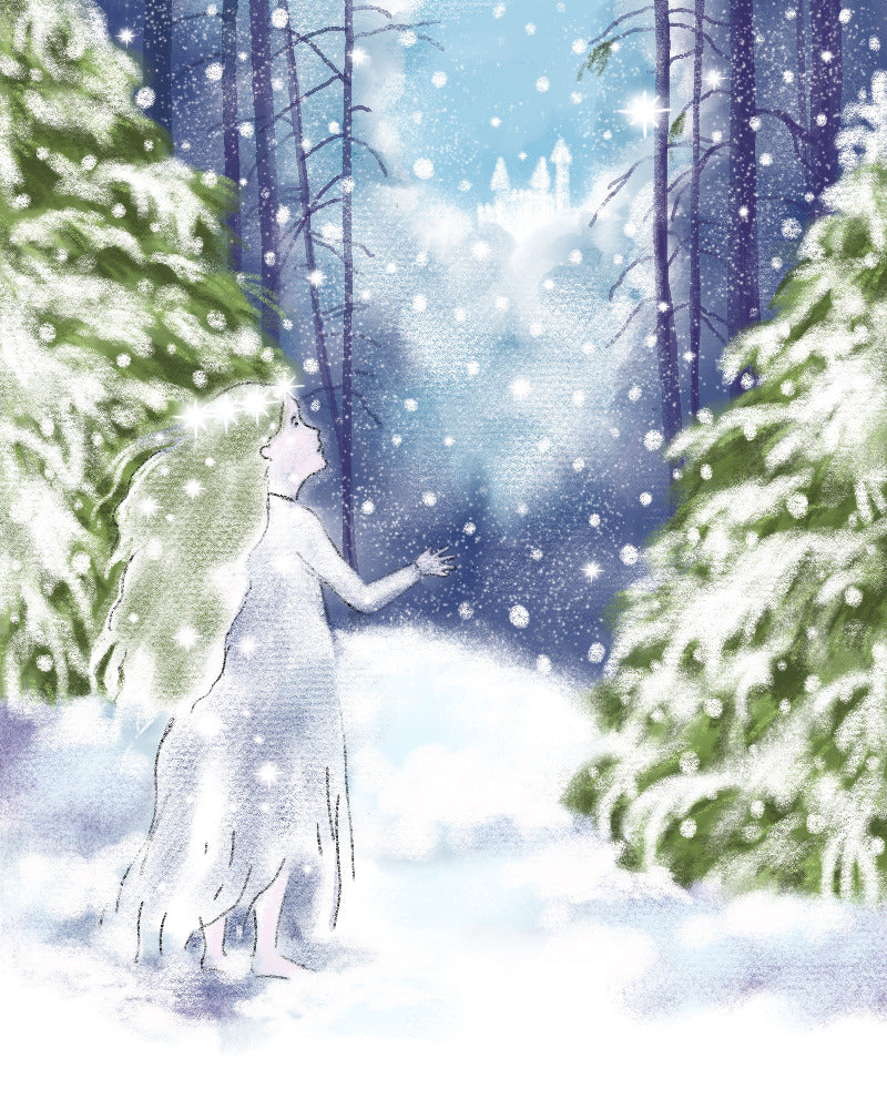 Woman in a white dress standing in a snowy forest with snowflakes falling.