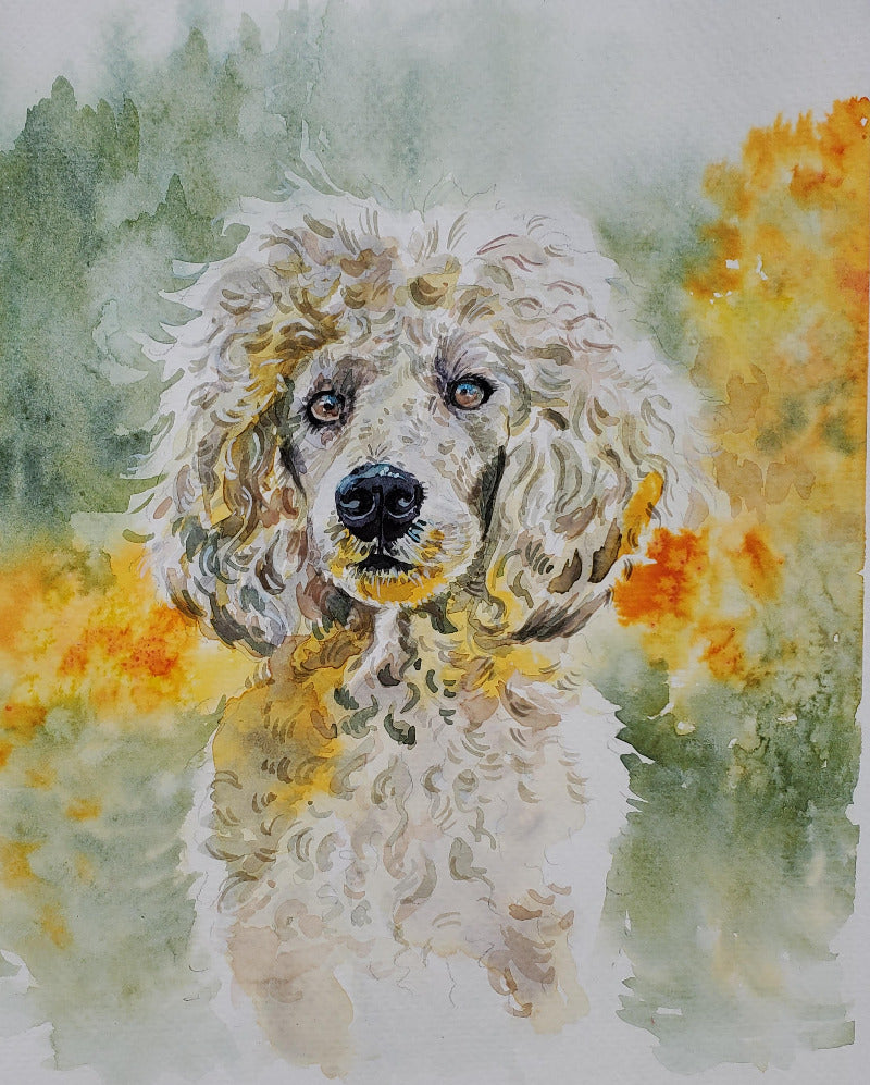 Watercolor painting of a white dog with a blurred floral background